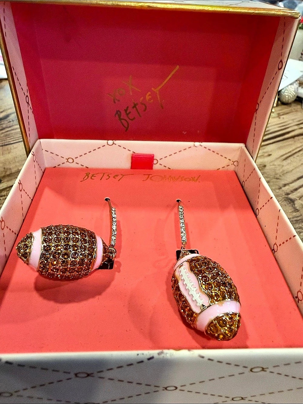 Betsey Johnson Football Drop Earrings Gold & Pink